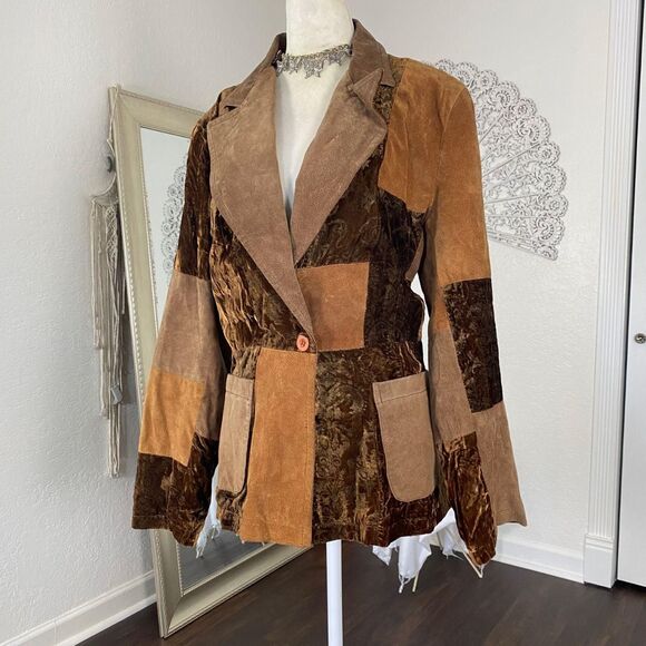 Early 2000's Brown Tan Orange Paisley Patchwork Suede Leather Blazer Jacket L - Picture 4 of 8